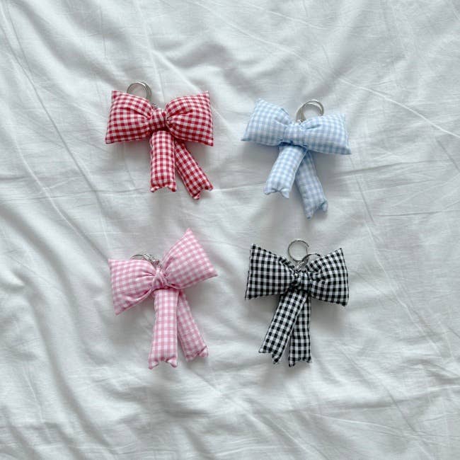 K-Wonderland Puff Ribbon Balletcore Check Bow Bag Charm, Key Holder