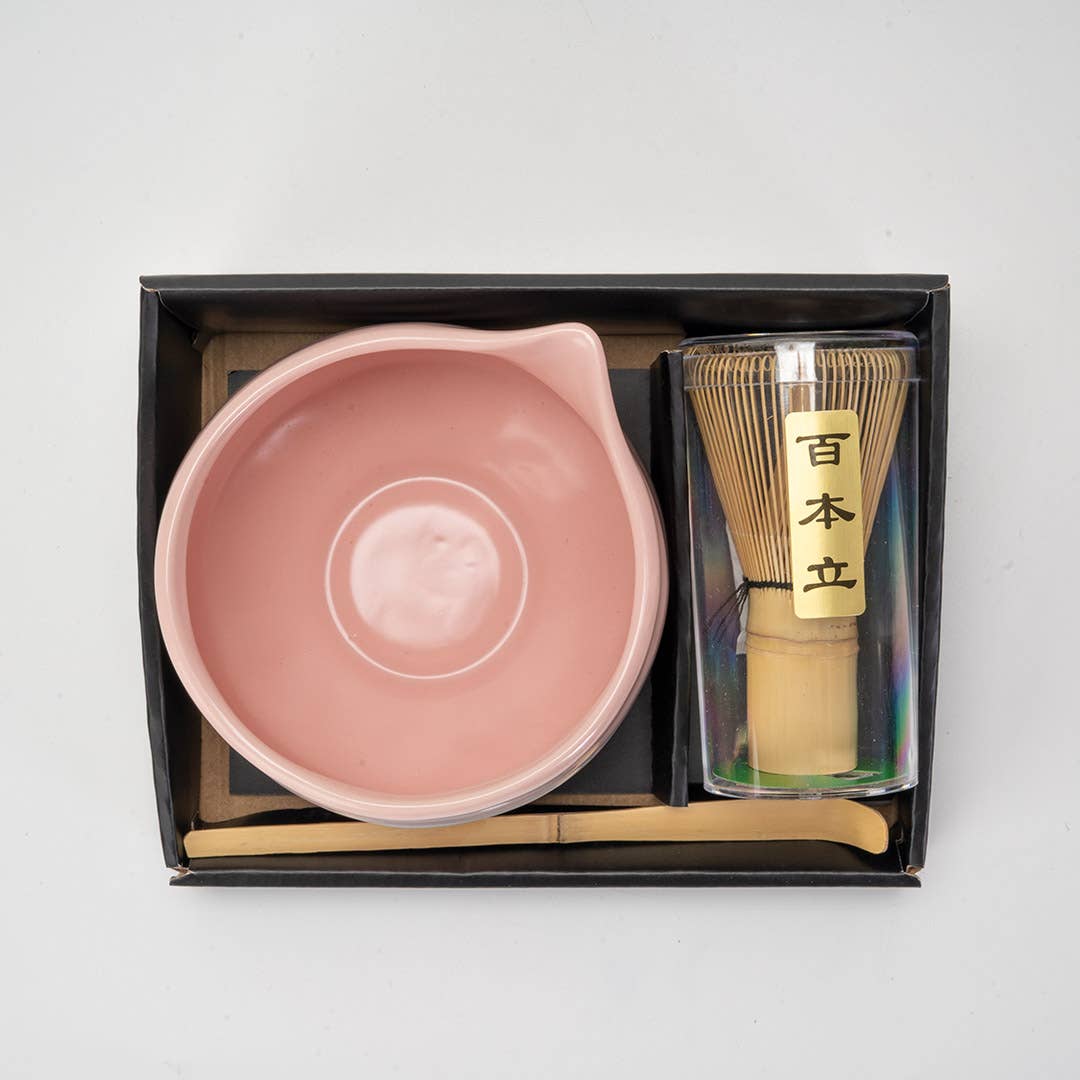 Urban Tokyo Matcha Set 20oz Porcelain Latte Bowl with Whisk and Scoop Pink Brushstroke (1/16)