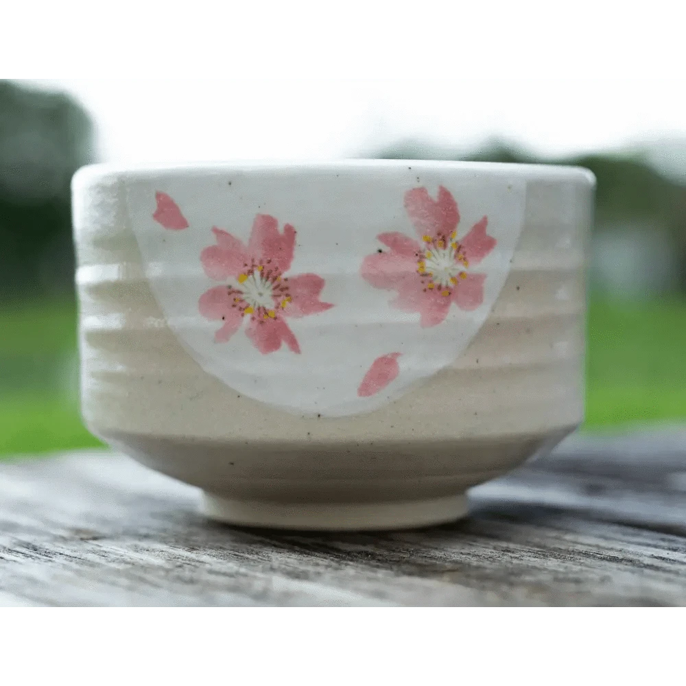 Aprikalife Tea & Tea Sets Handmade Japanese Beige Matcha Tea Bowl with Pink Flowers: Ceramic / 16 oz / Maruyoshi Green Flower Matcha Bowl