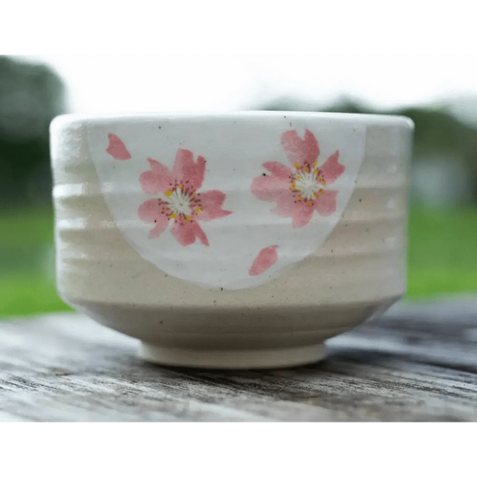 Aprikalife Tea & Tea Sets Handmade Japanese Beige Matcha Tea Bowl with Pink Flowers: Ceramic / 16 oz / Maruyoshi Green Flower Matcha Bowl