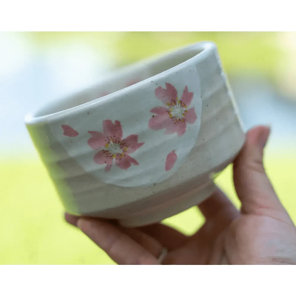 Aprikalife Tea & Tea Sets Handmade Japanese Beige Matcha Tea Bowl with Pink Flowers: Ceramic / 16 oz / Maruyoshi Green Flower Matcha Bowl