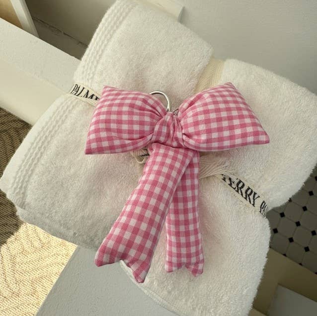 K-Wonderland Pink Puff Ribbon Balletcore Check Bow Bag Charm, Key Holder