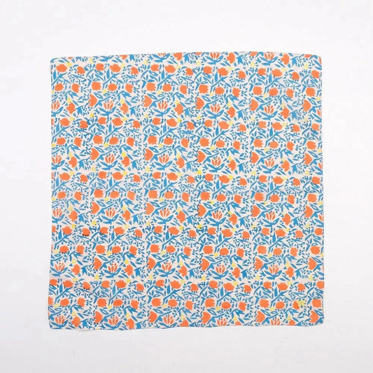 SHISEIHANBAI handkerchiefs Block print handkerchief with embroidered butterflies dancing in a summery flower garden Butterfly Embroidered Woodblock Print Handkerchief