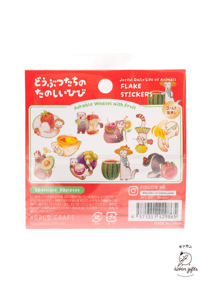 WORLD CRAFT CO.,LTD. World Craft Flake Stickers - Joyful Daily Life of Animals - Weasel with Fruit